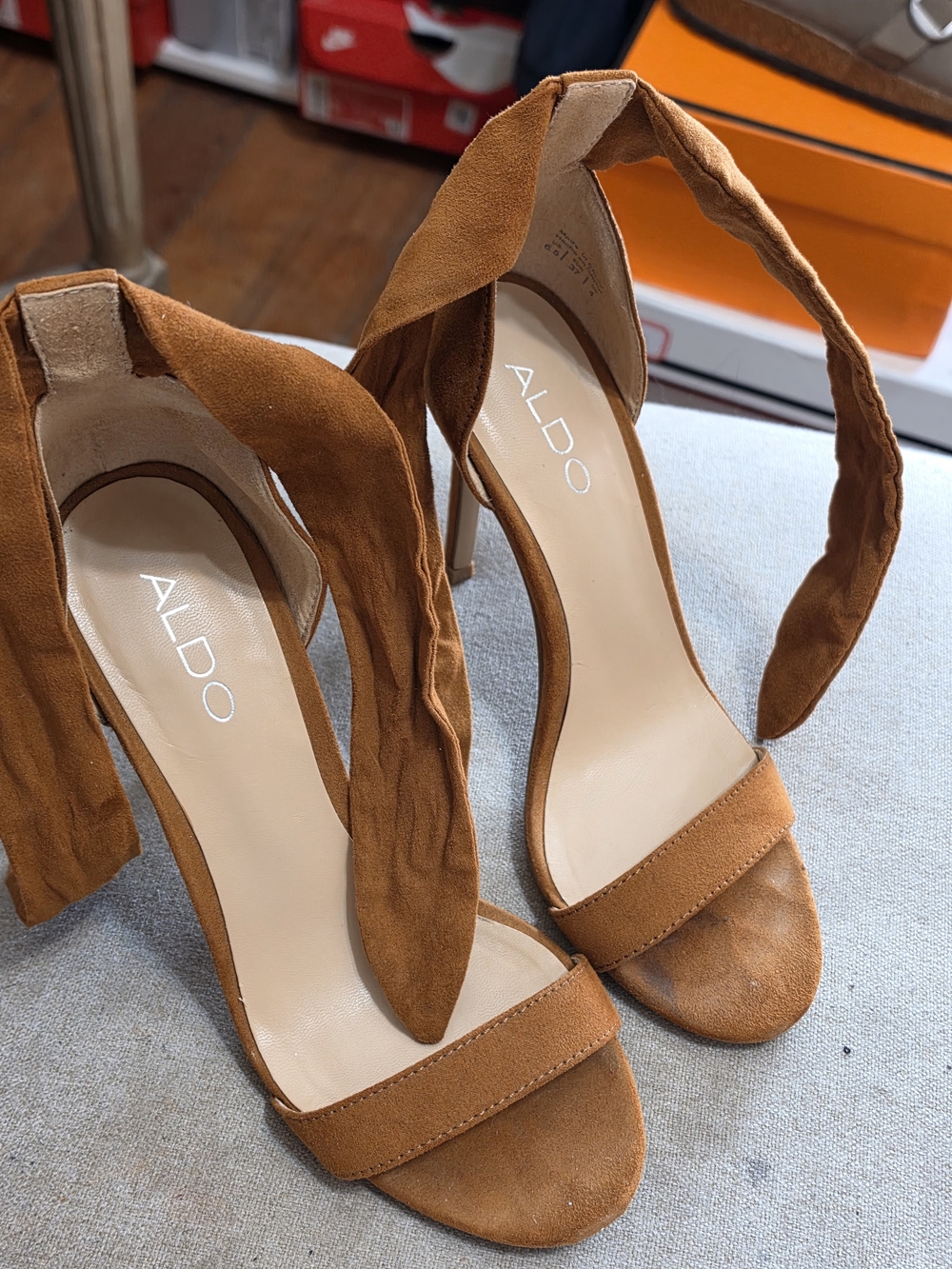 ALDO Cognac Suede Wrap-Ankle Stiletto Sandals